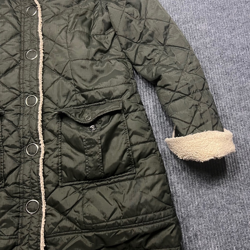 Free People Olive Green Quilted Sherpa Trim Barn Coat Jacket womens 10 large - Picture 7 of 13
